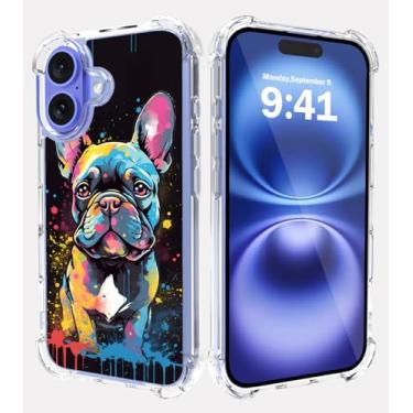 Imagem de Capa de buldogue francês para iPhone 16 Plus, capa rígida de policarbonato + TPU com design protetor transparente compatível com iPhone 16 Plus 6,7 polegadas 2024 - grafite colorido buldogue francês