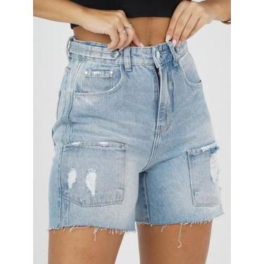 Imagem de Bermuda Jeans cintura alta barra fio Feminino Shorts Jeans Feminino az