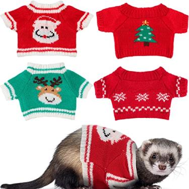 Imagem de Mixweer 4 peças roupas de furão, suéter de hamster, roupa de porquinho-da-índia roupa de coelho, moletom de malha para inverno quente, colete de Natal, roupas, furão, kit de acessórios para animais pequenos (estilo floco de sombra)