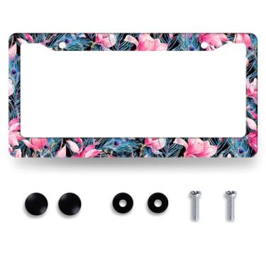 Imagem de Moldura de placa de licença de hibisco com folhas de flores rosas tropicais para etiquetas dianteiras e traseiras de carro de aço inoxidável decoração de placa de carro engraçada com parafusos 31 cm x