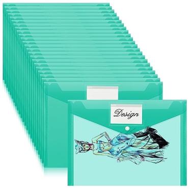 Imagem de Lincia Envelopes de plástico tamanho A4, 24 unidades, pastas de arquivos de poliéster, suporte de documentos de trabalho, organizador de arquivos de plástico de papel de escritório com botão de pressão de bolso para etiqueta, saco de arquivo doméstico para escola (verde transparente)