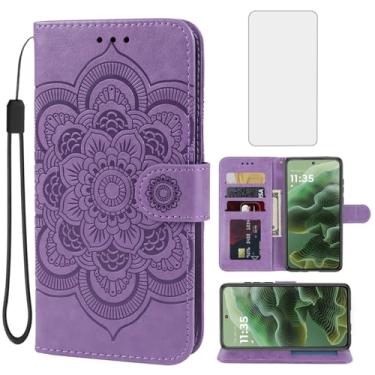 Imagem de Bohefo Capa para Moto G35, capa carteira Motorola G35 5G com protetor de tela de vidro temperado, capa flip de couro mandala, suporte para cartão de crédito, capa para celular para Motorola Moto G35