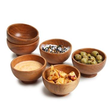 Imagem de LAVAUX DESIGNS Conjunto de 6 tigelas pequenas de madeira de acácia, 118 ml 8 x 5 cm | Tigelas pequenas esculpidas à mão para molho, salsa. Tigelas pequenas para preparação de ingredientes, especiarias