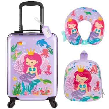 Imagem de Sanwuta 4 peças de mala de unicórnio de 43 cm, material de volta às aulas, mochila com rodinhas para meninas com rodas, conjunto de bagagem de viagem infantil, Roxa, 20 Inch, Estilo sereia