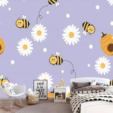 Imagem de Lcythiazole Papel de parede de abelha de tamanho personalizável mural boho papel de parede floral fundo roxo para sala de estar quarto de crianças autoadesivo removível