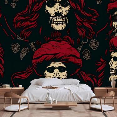 Imagem de Lcythiazole Papel de parede personalizável de caveira pirata mural de fantasma papel de parede estilo gótico de terror para sala de estar, quarto, restaurante, escritório