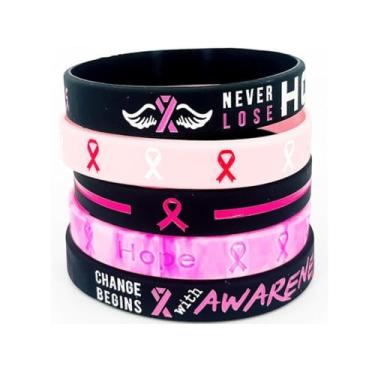 Imagem de Pulseira feminina de conscientização do câncer de mama com fita rosa Hope Faith para conscientização do câncer de mama para decoração de lembrancinhas femininas, One Size, Silicone, Sem Pedra Preciosa