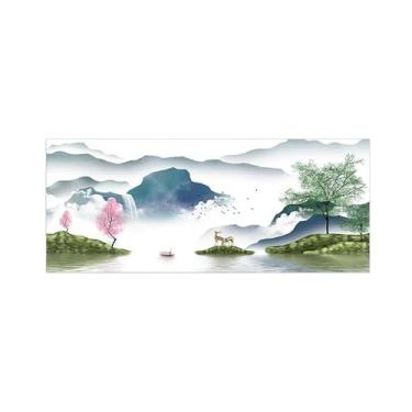 Imagem de BMZFYBS Imagem de arte de parede Chinoiserie - Pintura de paisagem chinesa em tela - Lago da montanha - Pôster moderno e impressões para decoração de sala de estar 60 x 150 cm 24 x 59 pol. Sem moldura