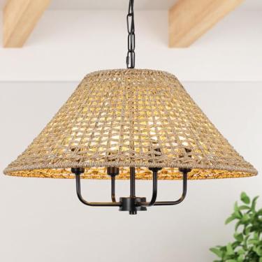 Imagem de LamQee Lustre De Vime Com 4 Luzes Para Sala De Jantar, Lustre Boho Trançado À Mão, Luminária Pendente De Teto, Iluminação Rústica Grande De Vime Para Ilha De Cozinha Sobre A Mesa E Sala De Estar