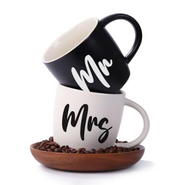 Imagem de Caneca de café de cerâmica de 400 ml para o casal, presente ideal para noivado, aniversário, ele e ela, noiva e noivo, presentes de casamento para casais 2025 - Conjunto de 2 (preto e branco)