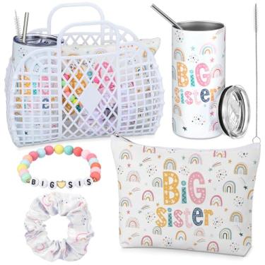 Imagem de Skybooly 5 peças de cesta de presente para irmãs mais velhas da irmã arco-íris presente copo bonito maquiagem pulseira apertada cesta de plástico de novo bebê irmão anúncio aniversário