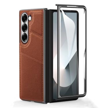 Imagem de HAO RIYLN Capa ultrafina para Samsung Galaxy Z Fold 6, capa galvanizada antiqueda com slots de cartão e suporte de couro premium, marrom, ZFOLD6