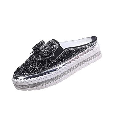 Imagem de Tênis feminino de strass com glitter, moderno, bonito, laço, confortável, respirável, lona, costura à mão, mocassins sem cadarço casuais, Sapatilhas pretas, 12 Wide