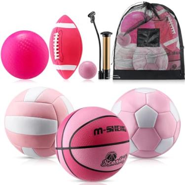 Imagem de RoundFunny Conjunto de 6 bolas multiesportivas tamanho oficial futebol, basquete, vôlei, bola de playground, beisebol com bomba de saco de equipamentos para adolescentes adultos presente de volta às