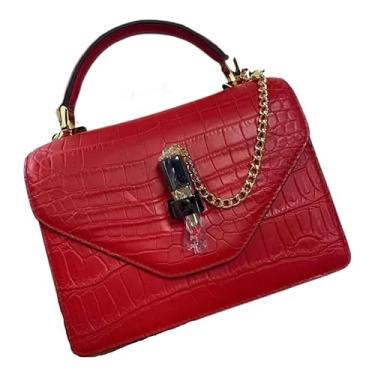 Imagem de Bolsa feminina de couro de crocodilo genuíno chique pequena bolsa feminina de couro jacaré verdadeiro bolsa de ombro única, Vermelho, 21cm(Width) x 15cm(Height) x 8.5cm(Deep)