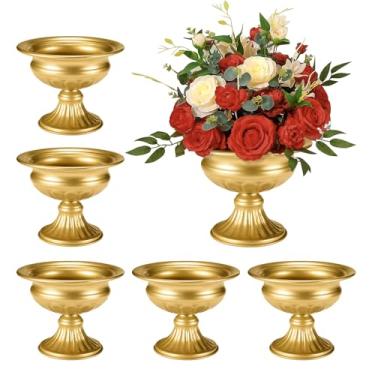 Imagem de Vasos dourados para centros de mesa, vasos de compota de flores de 12 cm para mesa, vaso de trompete para decoração de festa de casamento, vaso de pedestal de urna pequeno, conjunto de 6