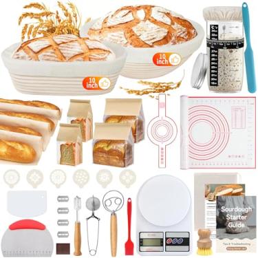 Imagem de PeacePeo Banneton Conjunto de cestas de impermeabilização, 25,4 cm, redondo e oval, cesta à prova de pão de vime natural, reutilizável, suprimentos para assar pão com pote de fermento, perfeito para