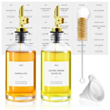 Imagem de EQUNROY Garrafa dispensadora de azeite de oliva para cozinha - Conjunto de 350 ml de vidro de óleo e vinagre com bico de despejo (conjunto de 2) - Inclui escova de limpeza e funil - Garrafas