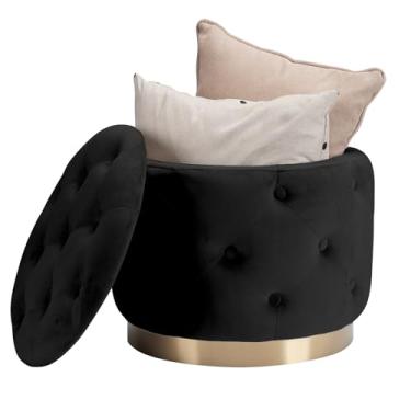 Imagem de JUUON Otomano redondo de veludo com base de metal dourado, banco de apoio para os pés estofado moderno com botões e assento de mesa de centro para sala de estar ou quarto (preto)