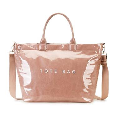 Imagem de GISMTR Bolsa feminina grande de PVC com estampa de letras, bolsa de ombro de papel kraft para trabalho e viagens, rosa