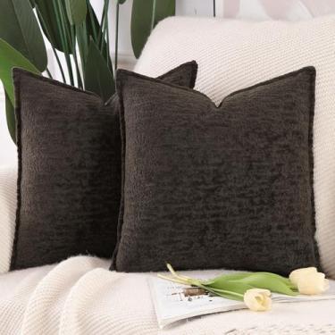 Imagem de MADIZZ Pacote com 2 capas de almofada de veludo chenille 40,6 x 40,6 cm cinza escuro macio neutro decorativo, capas de almofada boho para sofá, decoração de casa de fazenda moderna