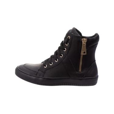 Imagem de Tênis Sneaker Cano Alto em Couro com Zíper Dourado Bawmi, Preto, 39