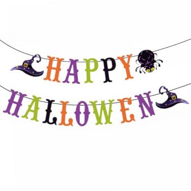 Imagem de hhdatc Happy Halloween Banner with Witch Hat Spider Halloween Bunting Garland for Fireplace Mantel Indoor Outdoor Yard Garden Party Decorations