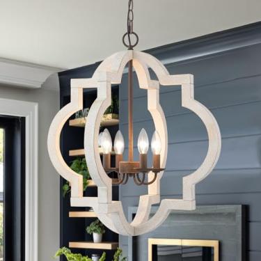 Imagem de Lustres modernos de casa de fazenda para sala de jantar, luminária pendente de madeira branca de 55 cm, lustres de cozinha sobre mesa de carvalho luzes suspensas para ilha sala de estar quarto hall de