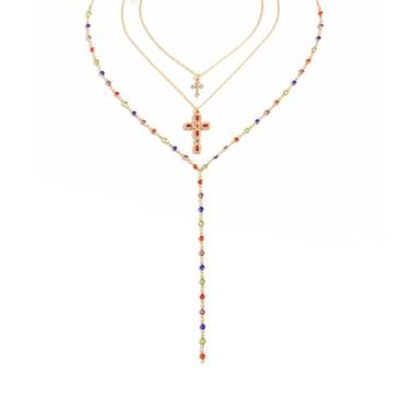 Imagem de GIGB PBDK Colares femininos em camadas de cruz dourada, colar longo colorido com gota de cristal, conjunto exclusivo de colar de crucifixo grande, acessórios de joias religiosas estéticas, Large, Liga