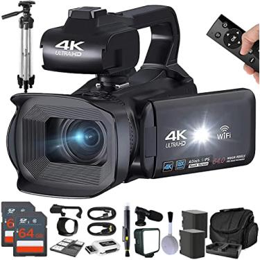 Imagem de eDealz Câmera De Vídeo Hd 4K 64Mp, Filmadora Para Vlogs E Vídeos Do Youtube, 60 Fps, Zoom 18X, Wi-Fi, Webcam, Microfone, 2 Cartões Sd 64 Gb, Tripé, Luz Led, Capa, Leitor Cartão, Baterias, Carregador