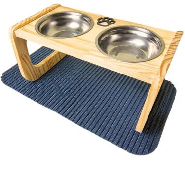 Imagem de Comedouro Elevado de Madeira Pinus para Cães Médios | Tigelas Inox 700 ml, Removíveis | Acompanha Tapete Antiderrapante 43x33cm | Acabamento em Óleo Mineral Atóxico (Azul)