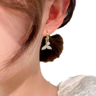 Imagem de Brinco Feminino Dourado com Cauda Sereia Peixe Delicado - anjo da mamã