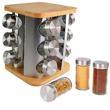 Imagem de Porta Temperos Condimentos Rotativo Bambu e Inox 12 Frascos Vidro - Fr