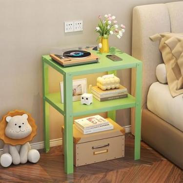 Imagem de ZIYOUGOU Mesa de borda de sofá, moldura de ferro preta com tampo de bambu, armário de armazenamento de canto, 38 x 25 x 50 cm, forma oblonga (verde amarelado)