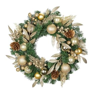 Imagem de Baoblaze Guirlanda de Natal para porta da frente, decoração de Natal, 61 cm, decorativa realista com bolas, enfeite artificial para lareira e