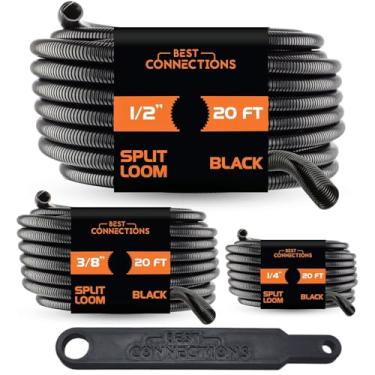 Imagem de BEST CONNECTIONS Pacote com 3, 1/10.2 cm, 3/20.3 cm, 1/5.1 cm x 6.1 m cada tubo contorcido de tear de fio dividido sortido com ferramenta de instalação – mangas de cabo dividido/conduíte para
