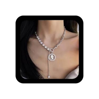 Imagem de Ximdble Colar vintage de cristal em Y com medalha de pirata boho colar de corrente de strass colar de ouro punk clipe de papel colar coração amor Y Lariat colar para mulheres, Zinco, Sem Pedra