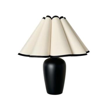 Imagem de Abajur de cabeceira Abajur de mesa estilo rústico francês plissado vintage para sala estar, quarto, abajur tecido, LED(Preto)