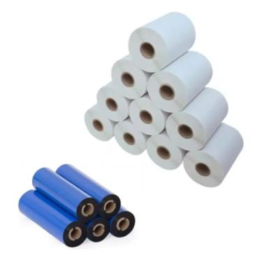 Imagem de Kit com 10 Rolos de Etiqueta Adesiva Papel Couchê 100x70 + 5 Ribbons Cera