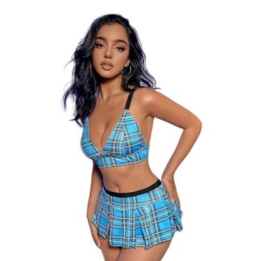 Imagem de Wangxiaomi Sexy Schoolgirl Costume for Women Plaid Skirt & Crop Top Roleplay Lingerie Set, Student Uniform Two-Pieces (Blue, L)