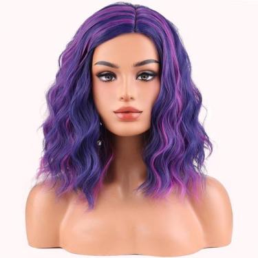Imagem de Peruca BERON Blue Pink Mix Short Curly Resistente ao Calor 35 cm
