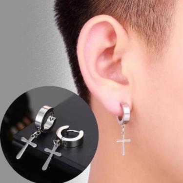 Imagem de Brinco Masculino Argola Com Furo Cruz Aço Inoxidável Cirúrgico Par - O