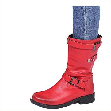 Imagem de Bigfanshu Botas femininas de cano médio com fivela feminina salto quadrado baixo zíper meia bota outono inverno PU sapatos baixos preto cinza ao ar livre casual ocasião fivela sapatos botas Chukka meio da panturrilha, Vermelho, 37 BR