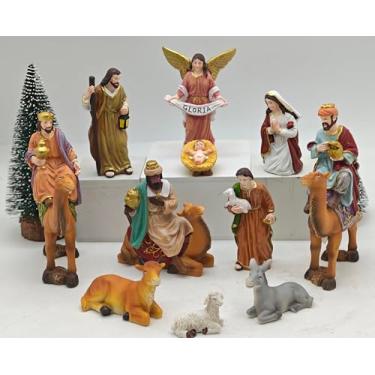 Imagem de Conjunto de presépio interno de 11 peças - Presépio de mesa de Natal de resina com presentes de três reis em camelos, estátua da sagrada família com bebê Jesus, estatuetas de presépio decoração