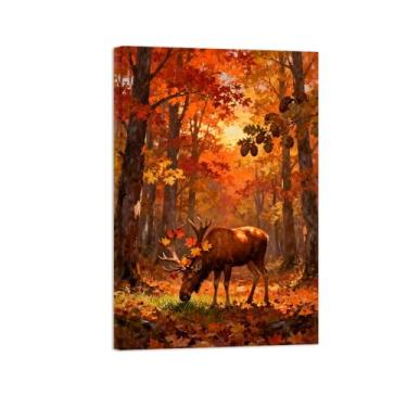 Imagem de Quadro arte parede outono-Veado amarelo floresta Impressões em tela paisagens-Pintura animais para decoração sala estar 50x75cm Tela Embrulhada
