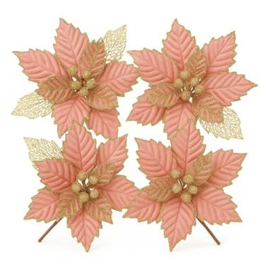 Imagem de Kit 4 Flores Decorativas Natalinas – Folha Rosa com Glitter Dourado – Enfeite para Árvore, Guirlanda ou Arranjos