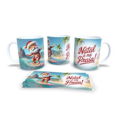 Imagem de Caneca de Natal com Papai Noel Surfista, Porcelana Branca, Tema Tropical, Decoração Praiana de Natal (19987)