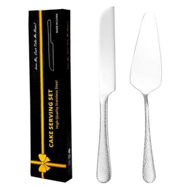Imagem de XIAOYU Conjunto de 2 peças de faca e servidor de bolo martelado, utensílios de corte de bolo de casamento de aço inoxidável, cortador de bolo e espátula de servir para aniversário, festa, aniversário,