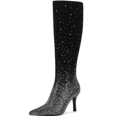 Imagem de AIUNIIND Botas de cano alto para mulheres, bico fino, salto agulha acima da panturrilha, botas longas para encontros, festas, saídas à noite, férias, Strass preto, 40