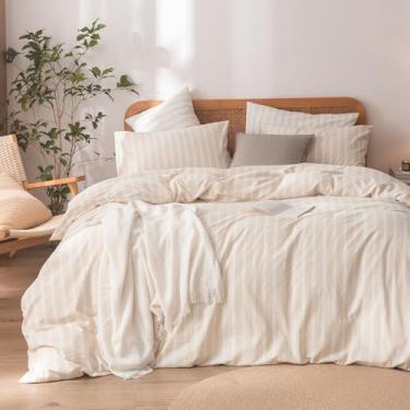Imagem de BESTOUCH Conjunto de capa de edredom 100% algodão lavado e linho, super macio, confortável, chique, leve, 3 peças, conjunto de cama caseiro, cinza amêndoa e listras brancas, king